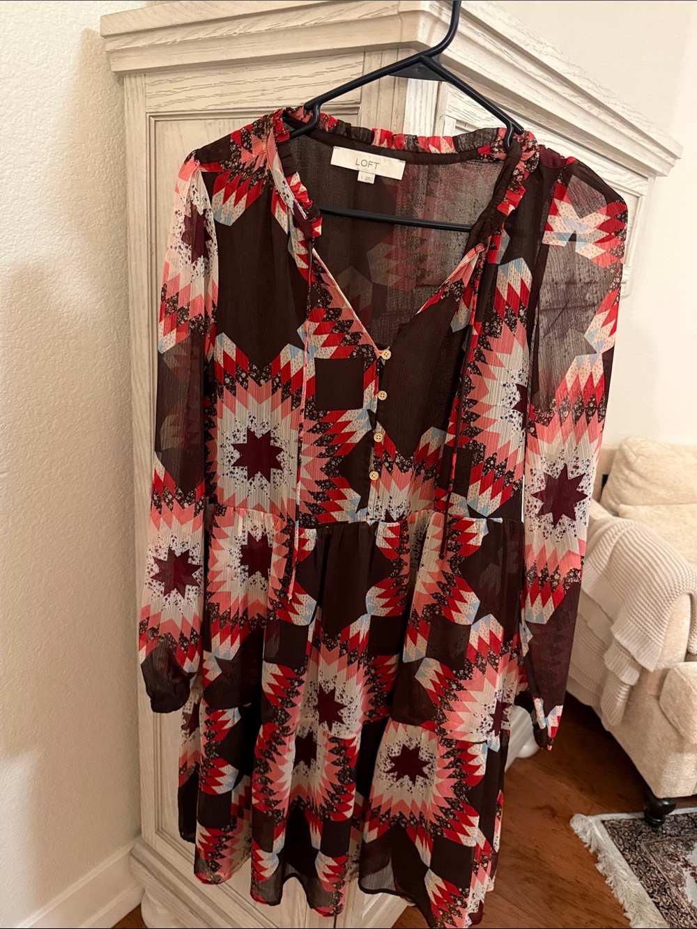 LOFT Brown Sheer Floral-Accent V-Neck Dress